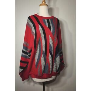 Vintage St. Croix Shop Sweater - Men's L - Bold Red, Black, Grey & Blue Abstract
